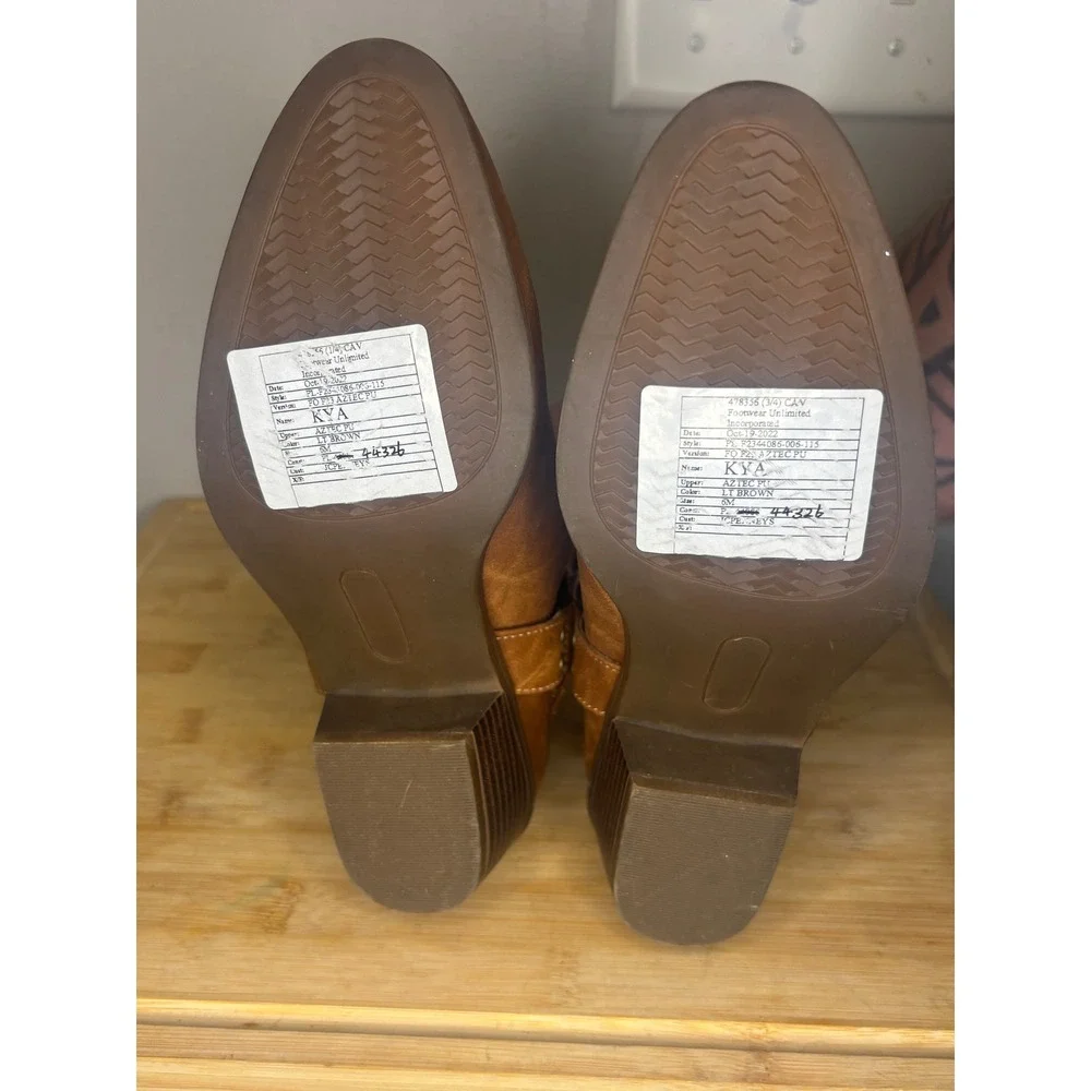 Footwear Unlimited Kya Aztec PU Ankle Boots Light Brown Harness Pointed Toe 8M